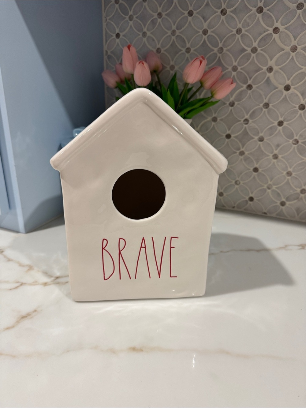 Rae Dunn Ceramic 'Brave' Birdhouse Decor in White with Red Lettering